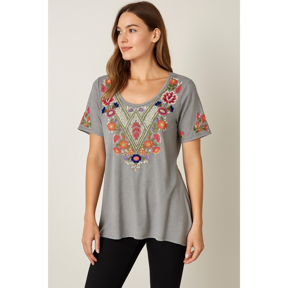 Johnny Was Los Angeles Joy Love Light Embroidered Floral Top Tunic Gray S‎